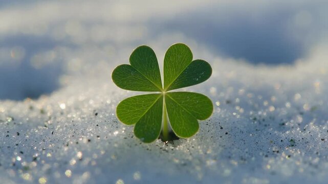 Resilient Four Leaf Clover in Sparkling Winter Snow