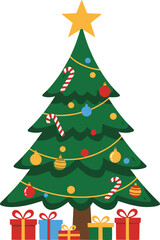 Beautiful decorated Christmas tree with ornaments, candy canes, string lights, baubles, and colorful wrapped gift boxes in festive holiday illustration style