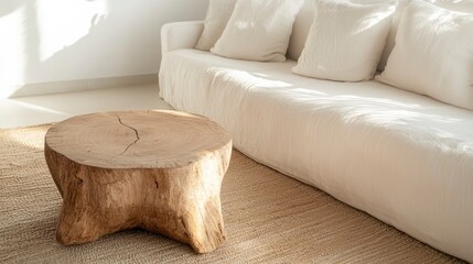 A minimalist living room features a boneless couch with white cushions and a rustic wooden coffee table. Natural light illuminates the space, enhancing its cozy atmosphere.