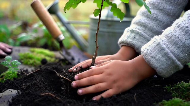 Close-up of senior and child hands planting a young oak sapling in rich soil, illustrating generational bonding and environmental sustainability.