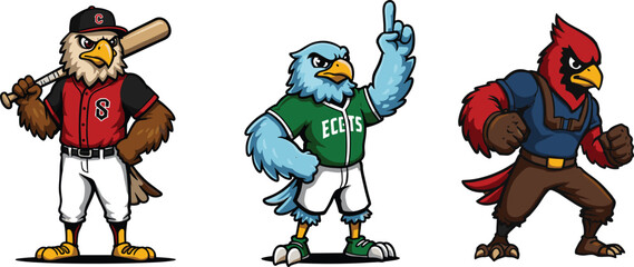 Bird mascot illustration, eagle baseball player, school eagle mascot, cardinal fighter character, sports bird design, athletic cartoon vector, team branding