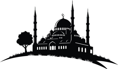 Beautiful Islamic mosque silhouette with minarets, dome, and tree on grassy hill, religious architecture, peaceful black and white illustration © Nur-Nobin Creations