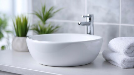 Fototapeta premium A modern bathroom sink with a sleek white bowl design. The faucet is chrome, and there are neatly stacked white towels beside it. Green plants add a touch of nature.