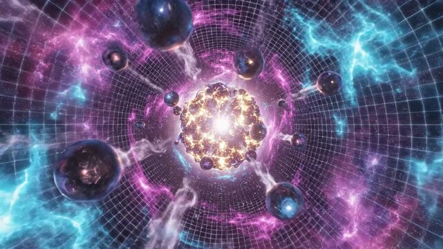 Vibrantly colored orbs of condensed thought drift through a shimmering, grid-like cosmic vortex, representing the multiverse and infinite possibilities