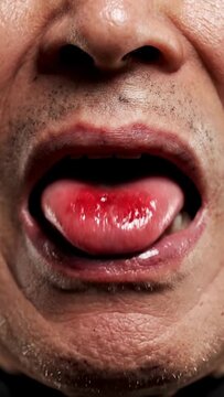 Closeup adult mouth showing red tongue ulcer injury.