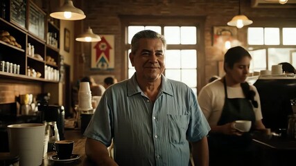 Smiling Middle Aged Man Standing Proudly Behind Coffee Bar Counter in Cozy Cafe