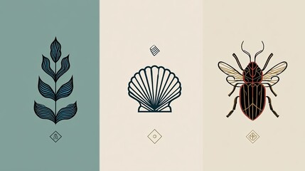 Stylized plant, seashell, and beetle vector illustrations collection