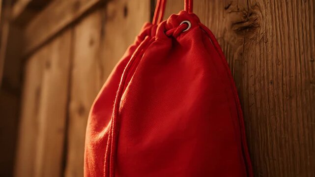 Close up slow motion of a bright red drawstring bag hanging on a wooden surface