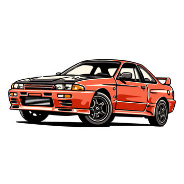 JDM sports car, retro 90s coupe illustration, orange racing drift tuner vehicle, performance automotive artwork, vector graphic, Japanese culture icon, R32 style