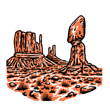 Southwest desert landscape illustration, Monument Valley buttes, vintage western graphic, arid environment art print, rock formation design, retro travel poster