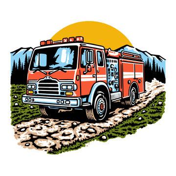 Fire truck vintage illustration, wildland fire engine, emergency vehicle graphic, retro design, mountain rescue, forest service, nature, sun, woods, rugged terrain