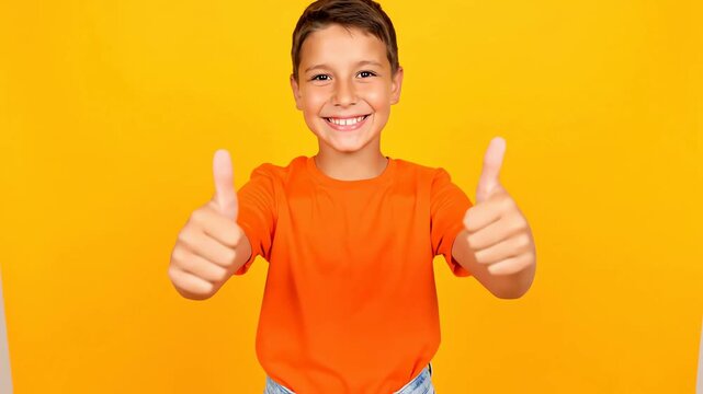 Smiling young boy gives two thumbs up gesture with a positive expression on a vibrant yellow background
