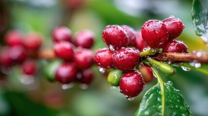 Obraz premium Close-up of glistening ripe red and green coffee berries clustered on a branch with leaves