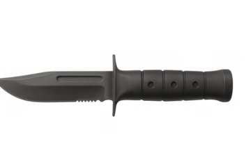 Combat knife with dark blade and black tactical handle, representing military equipment, survival, and defense concepts