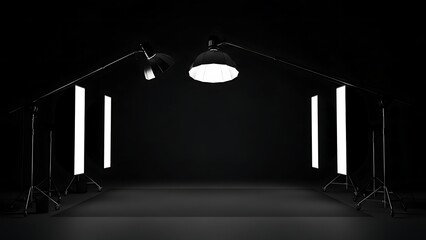 Empty dark photography studio with professional lighting equipment.