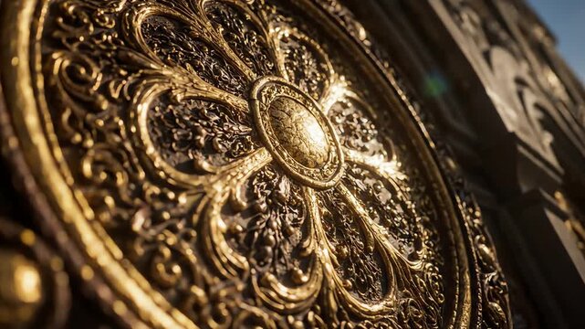 Close up of ornate gold medieval door facade with intricate swirling patterns and a circular medallion