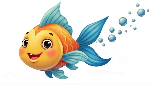 Animated cheerful goldfish with expressive facial features swimming among bubbles in a lively