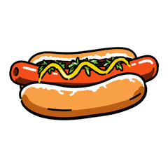 Hot dog cartoon sticker, frankfurter icon, sausage bun relish mustard illustration, fast food snack, street cuisine doodle art, isolated graphic