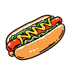 Hot dog, sausage in bun, frankfurter, street food, fast food, cartoon illustration, pop art style, retro diner, mustard, relish, bright colors, drawing, icon, graphic, snack, BBQ, clip art