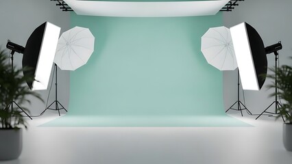 Professional Photography Studio Setup with Softbox Lighting and Plants.