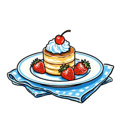 Fluffy pancakes stack, whipped cream, cherry, strawberries, hotcakes breakfast doodle, dessert, sweet food illustration, retro diner cafe, pop art drawing, vector graphic.