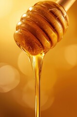 Macro close-up of golden, glossy honey slowly dripping from a wooden honey dipper, captured with a soft bokeh background