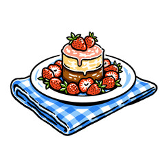 Mini strawberry layered cake dessert illustration, hand-drawn comic style food art, sweet treat on gingham napkin, pink icing, baked goods, patisserie, summer fruit