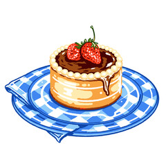 Strawberry shortcake dessert, small layered pastry, chocolate glaze, fresh strawberries, cute dessert illustration, bakery treat, cafe menu art, blue plate