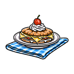 Sweet sandwich illustration, breakfast, dessert, pancake stack, strawberry, whipped cream, diner food, cheesy filling, retro cartoon drawing, bakery menu art, vector doodle