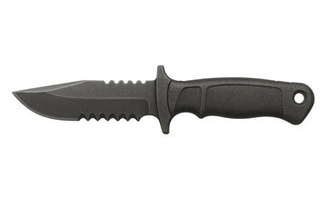 Black military tactical knife displaying sharp blade and serrated edge for combat and survival concepts