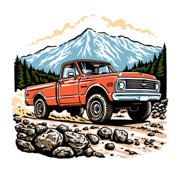 Vintage truck illustration, retro pickup, off-road adventure, classic American truck, mountain landscape, 4x4, rugged wilderness, forest, outdoor driving