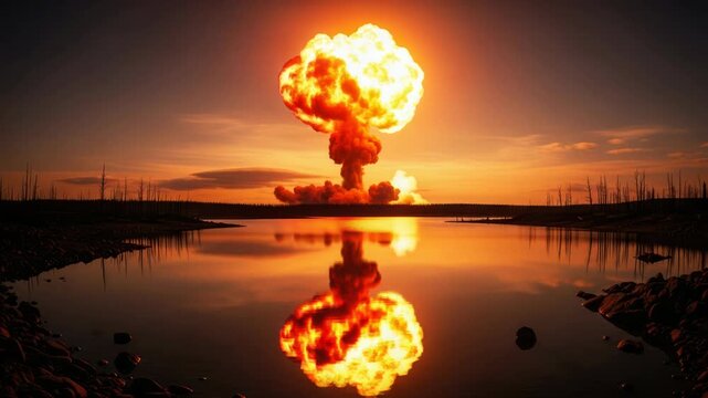 Simulated atomic explosion creates a mesmerizing reflection on a tranquil lake surface during