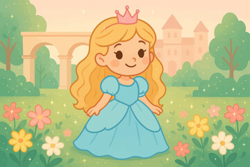 Cute Cartoon Princess Girl in Blue Dress with Crown, Fairy Tale Castle Garden Illustration, Sweet Kids Storybo

