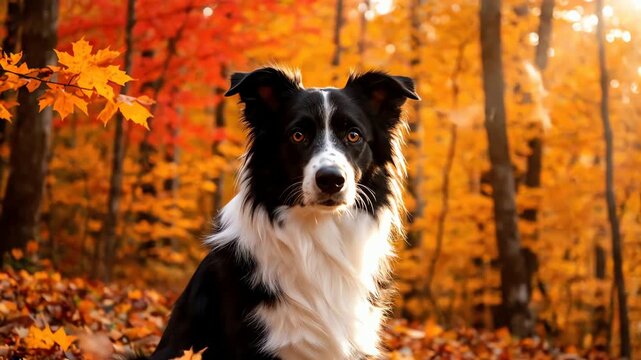A beautiful border collie sits in a forest surrounded by vibrant autumn foliage during a sunny day