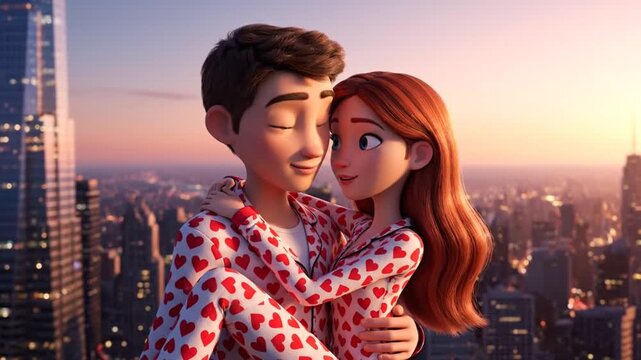 Romantic Animated Couple in Matching Valentine Day Pajamas Embrace on Rooftop Overlooking City Skyline at Sunset
