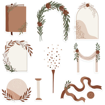 boho wedding floral frames and arch clipart set with rustic terracotta leaves and ribbons ideal for invitations branding and stationery