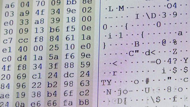 Hexadecimal computer code scrolling on a screen