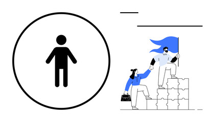 Teamwork, leadership, human connection, progress, collaboration, personal growth. Minimal person icon beside two individuals climbing puzzle steps holding hands. Teamwork and leadership idea visuals