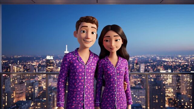 Couple Wearing Matching Valentine Day Pajamas Enjoying Cityscape View from Balcony at Dusk, Romantic Nightwear