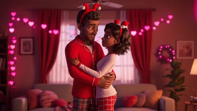 Loving Couple in Valentine Day Pajamas Embracing and Smiling in a Cozy Room Decorated with Hearts