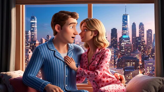 Romantic Couple in Valentine Day Pajamas Enjoying Cityscape View at Night