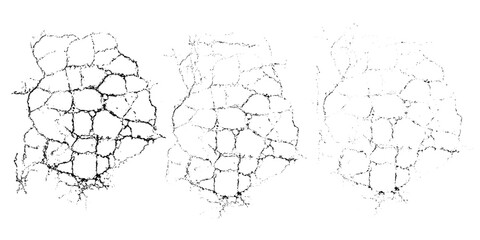 Vector natural crack old surface monochrome set. Cracks overlays. Abstract grungy various density backgrounds.