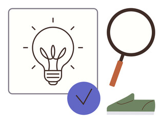 Lightbulb alongside magnifying glass, checkmark, and upward graph showcases idea generation, research, and goal achievement. Ideal for creativity, innovation, success, strategy exploration
