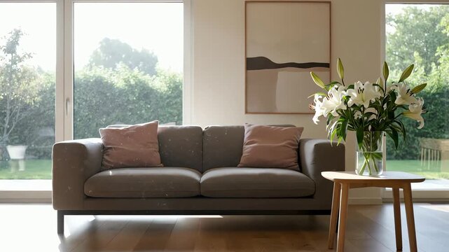 Sunlit modern living room with comfortable sofa and fresh white lilies on a side table