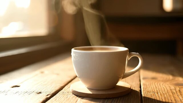 Steaming hot coffee mug on a wooden table near a sunlit window atmospheric morning scene