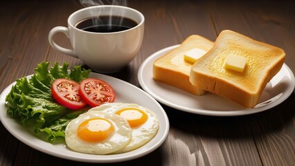 Breakfast Plate with Fried Eggs, Toast, Salad, Coffee, and Butter &mdash; Delicious Morning Meal, Hot Breakfast, Healthy Start