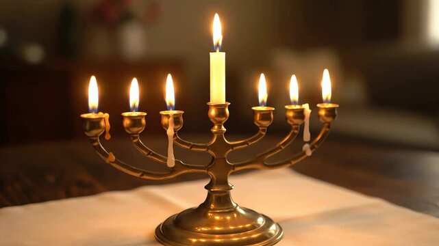 Close-up of a brass menorah with eight lit candles and one shamash on a wooden table with a white tablecloth