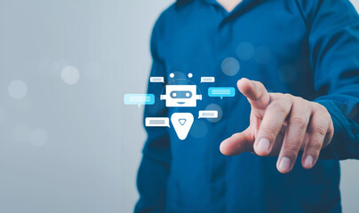 Businessman using AI chatbot technology with speech and text interface, symbolizing generative AI, virtual assistant, automated conversation, and smart communication system in business. 