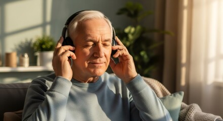 Elderly caucasian man relaxed on sofa, listening to music with headphones. Senior wellness and mental health concept for elderly care.