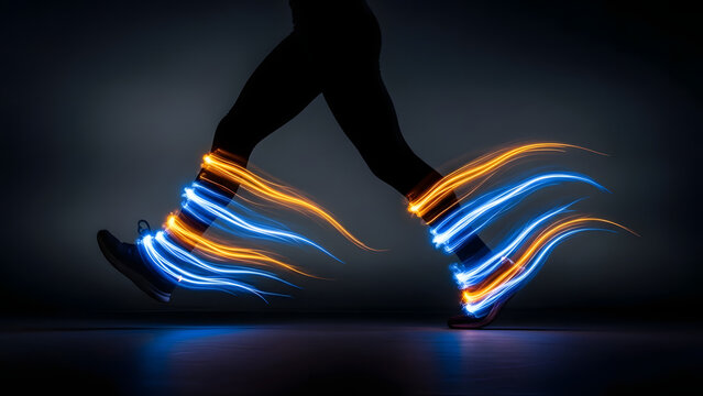 Silhouette of Runner with Dynamic Blue and Orange Light Trails on Dark Background